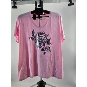 Just My Size Pink Metallic‎ Silver Floral Graphic V-Neck T-Shirt 3X 22W-24W